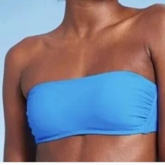 NWT Wild Fable Solid Blue Ruched Sides Bandeau Bikini Swim Top w/ Straps - Picture 3 of 4
